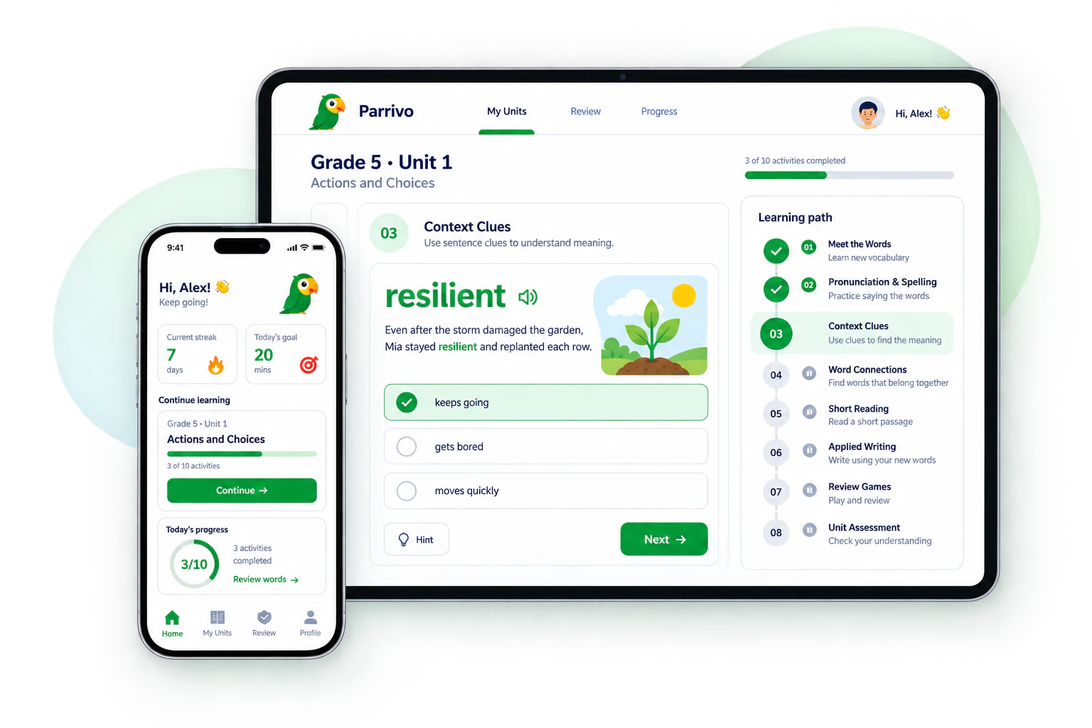 Parrivo learning dashboard shown on an iPad and iPhone