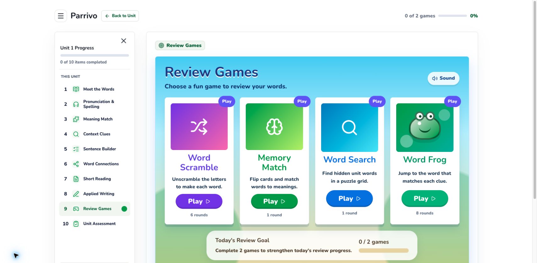 Parrivo Review Games with Word Scramble, Memory Match, Word Search, and Word Frog